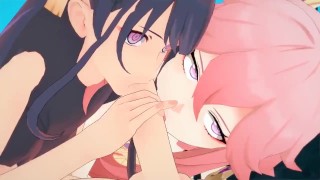 高清60帧：八重神子与雷电将军在尘歌壶温泉中，与旅行者激情三人湿身诱惑